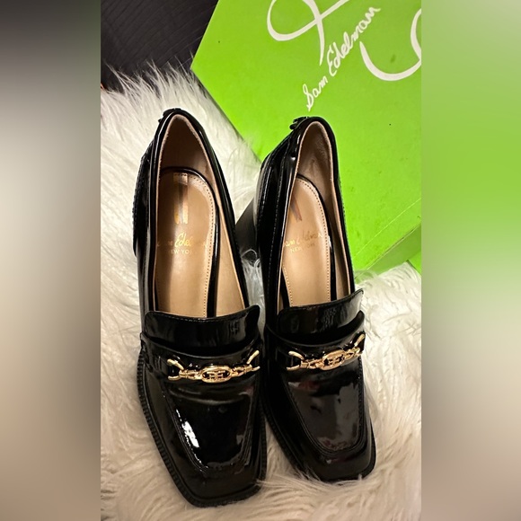 Sam Edelman Black Patent Chunky 3 inch Heel Loafers, Size 6 Quincy - Picture 2 of 8